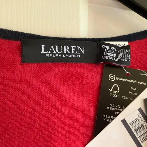 Lauren Ralph Lauren  Intarsia-Knit Two-Tone Poncho Navy Red One Size Plus - Picture 15 of 16